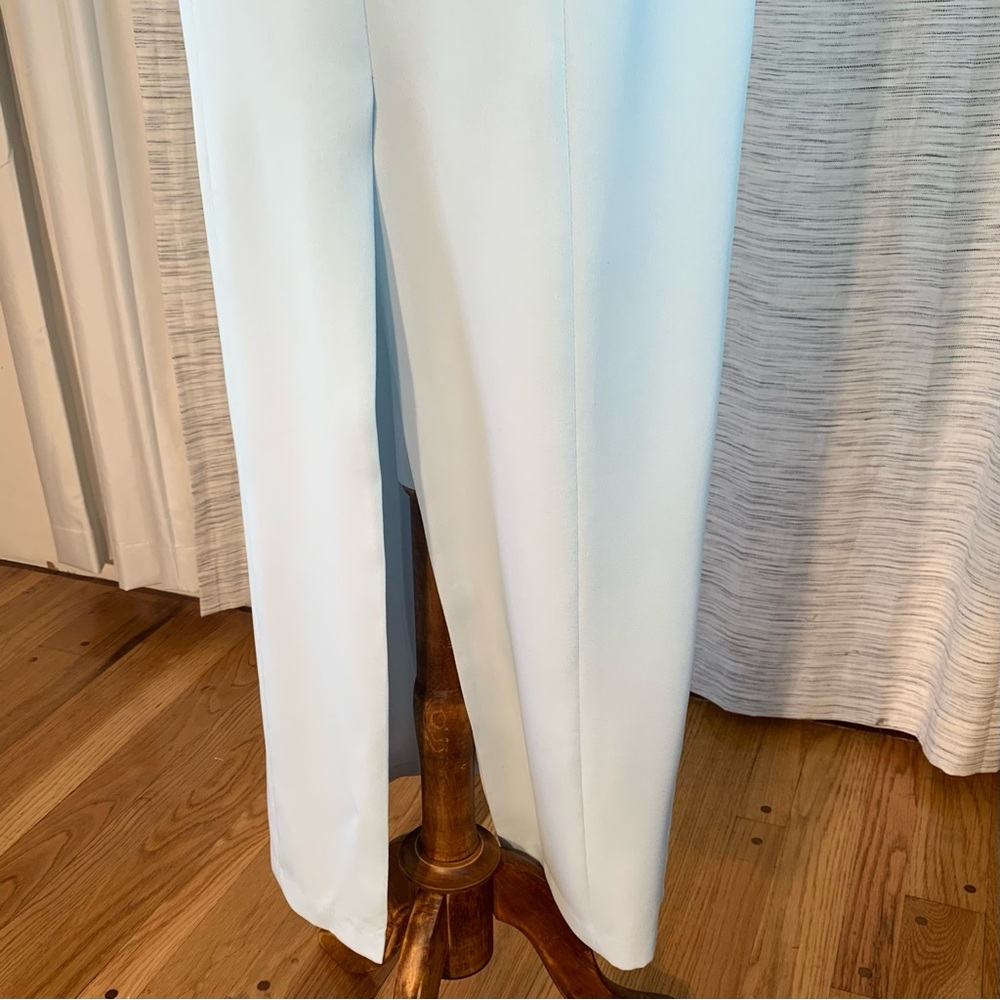 Peak Evenings Sky Blue Sleeveless Formal Evening Gown With Mesh Midriff. - Picture 8 of 15